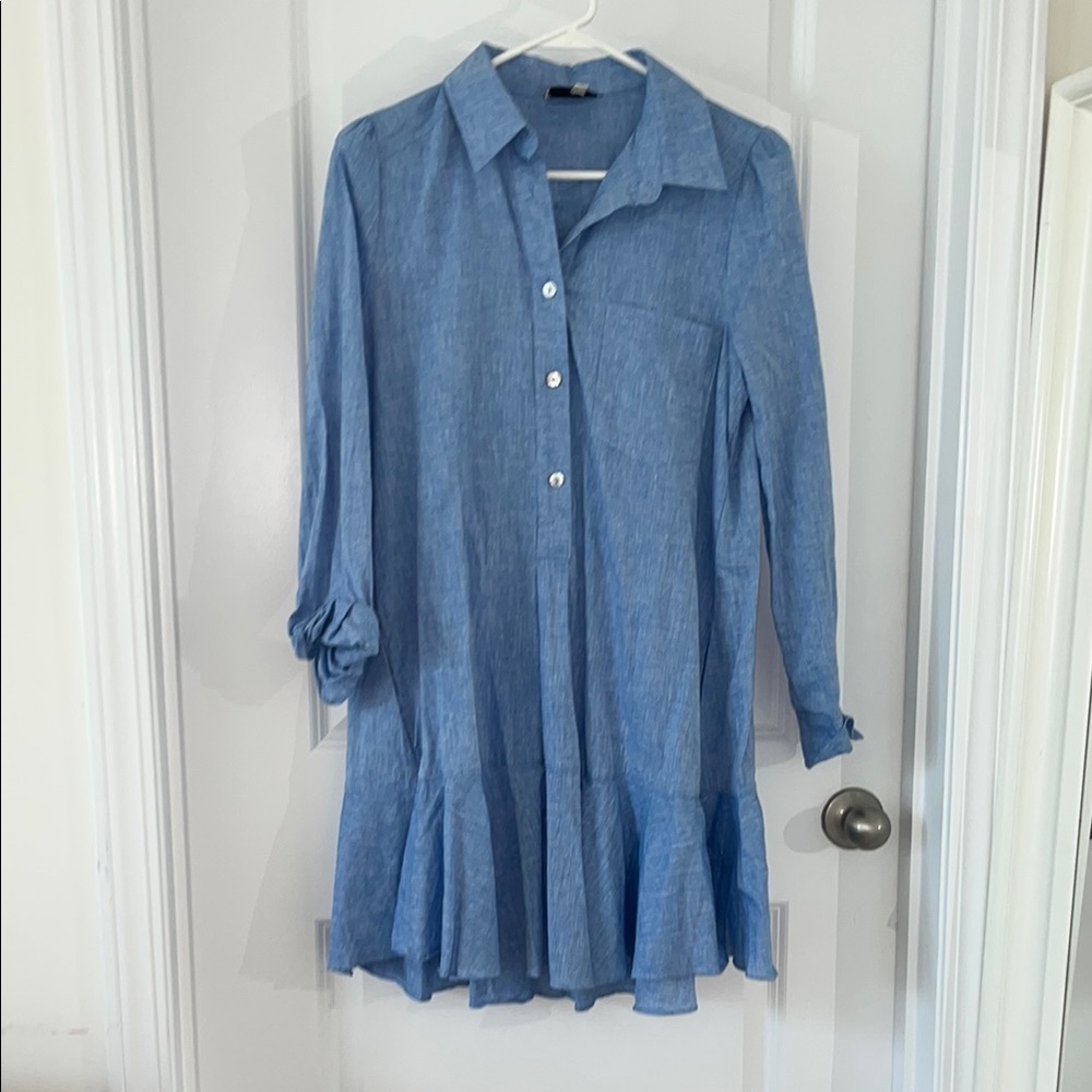 Chic Blue Ruffled Shirt Dress